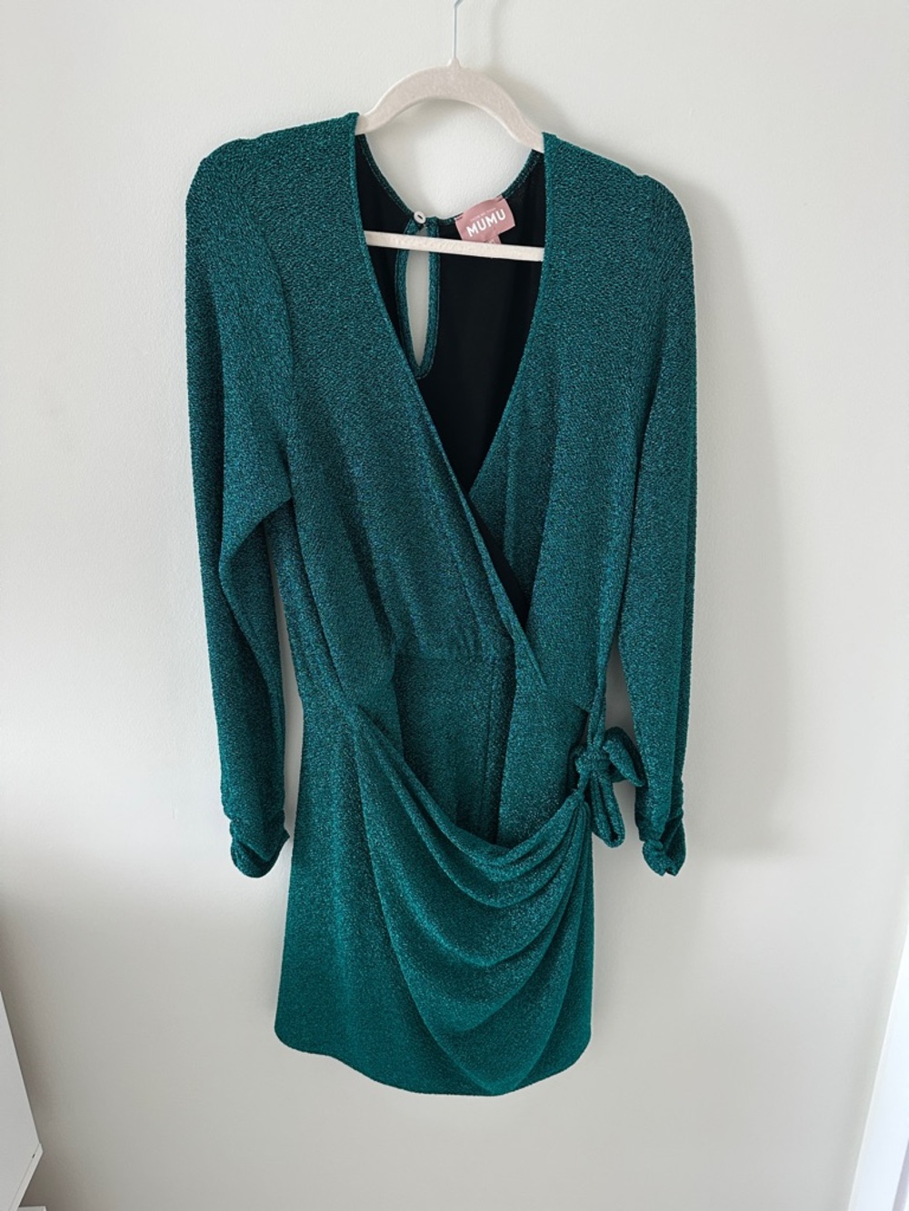Show Me Your MuMu Teal Green Sparkle Wrap Long Sleeve Dress